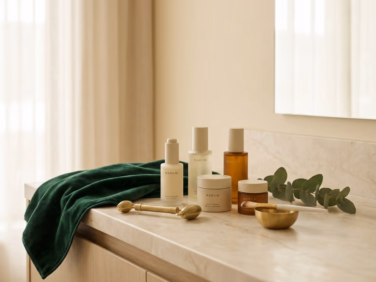 Medical-grade skincare products arranged on a stone counter in soft daylight